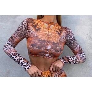 Tiger Mist‎ Animal Print Crop Top XS Brown Long Sleeve Sexy Club Festival Rave
